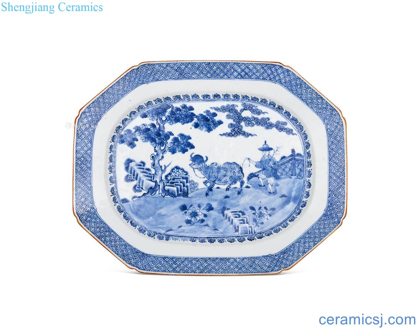 Qing qianlong Blue and white cattle figure square plate