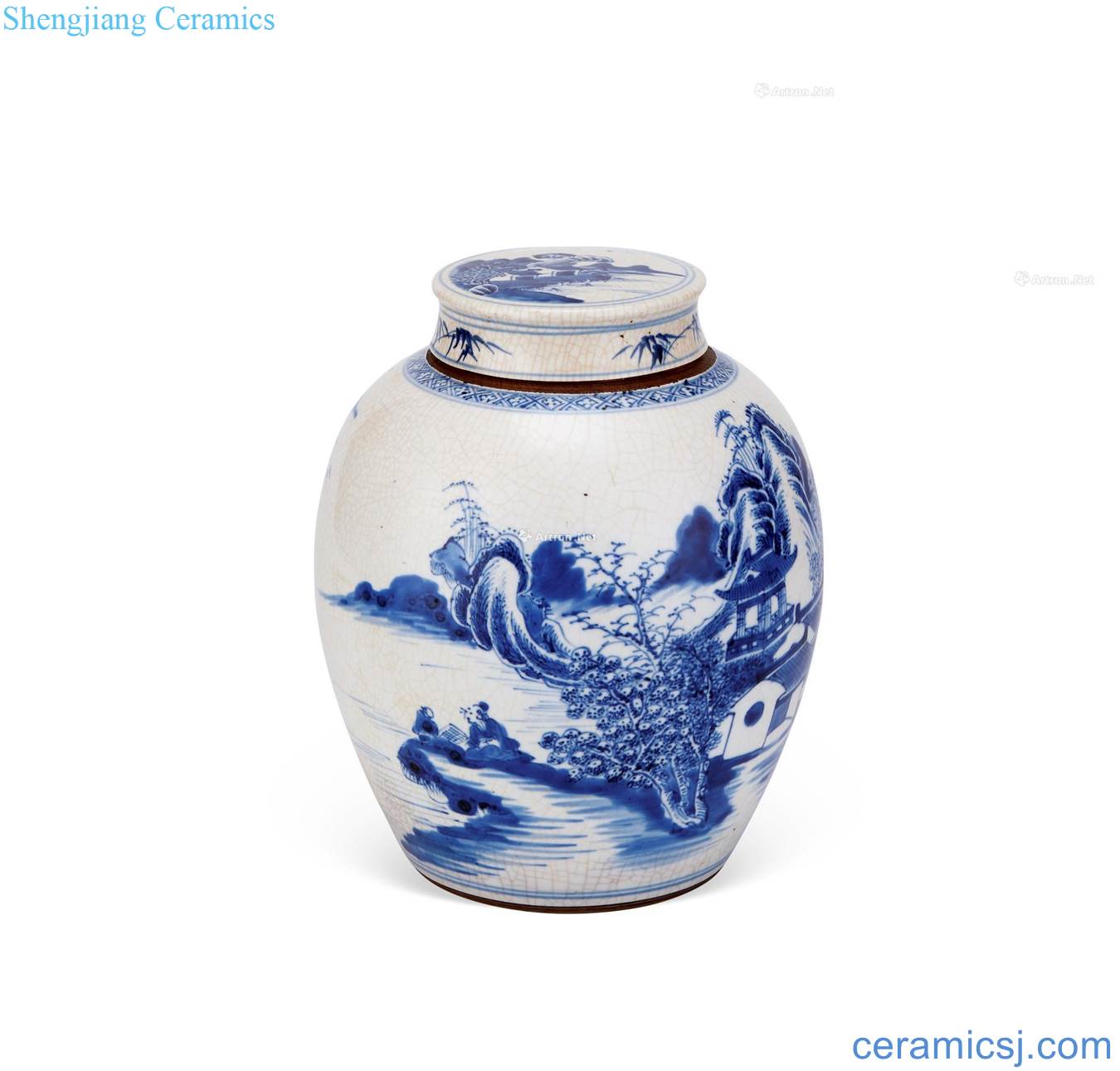 Qing qianlong Blue and white landscape characters cover tank