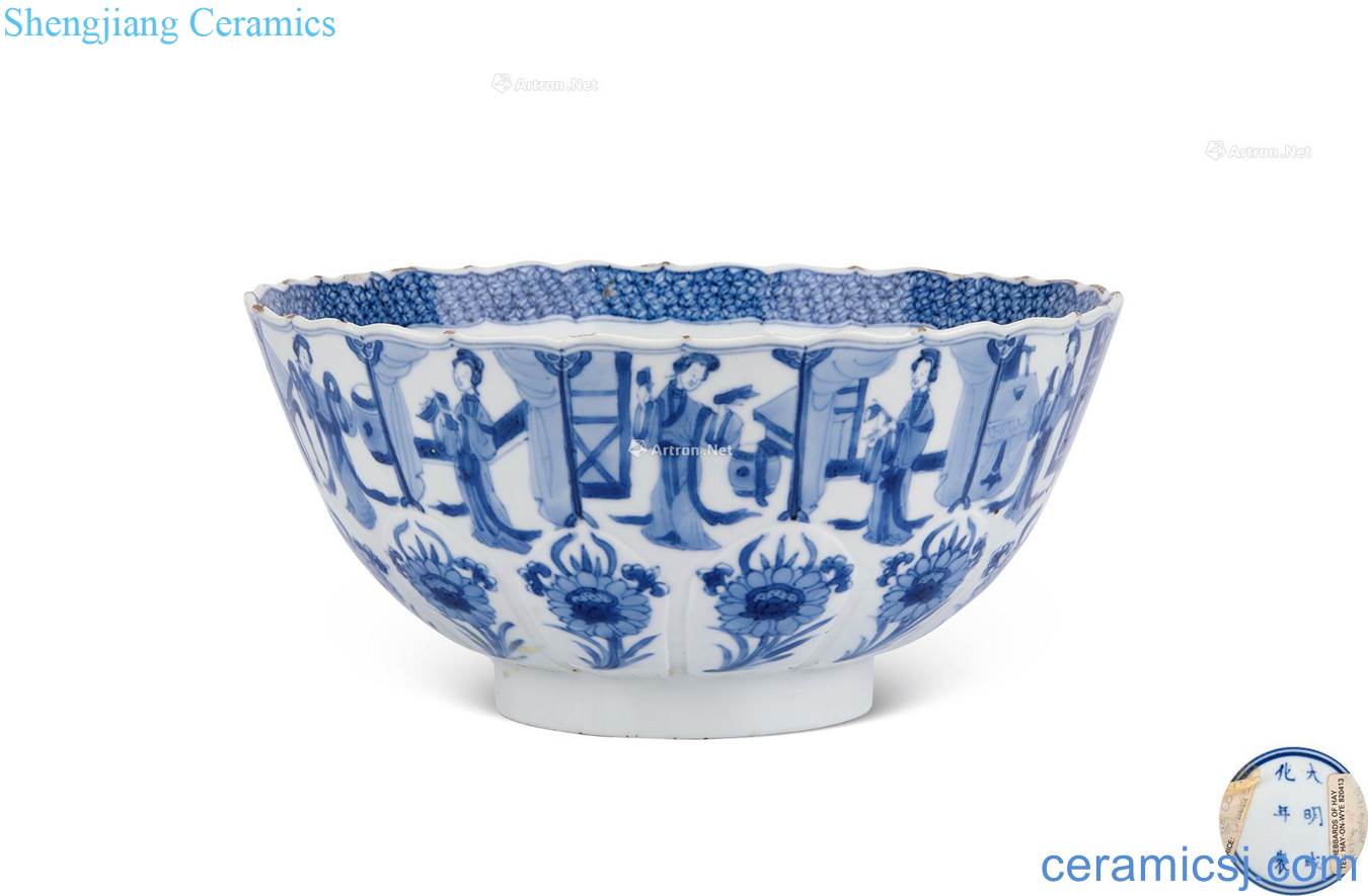 The qing emperor kangxi Blue and white figure large bowl of twelve girls play