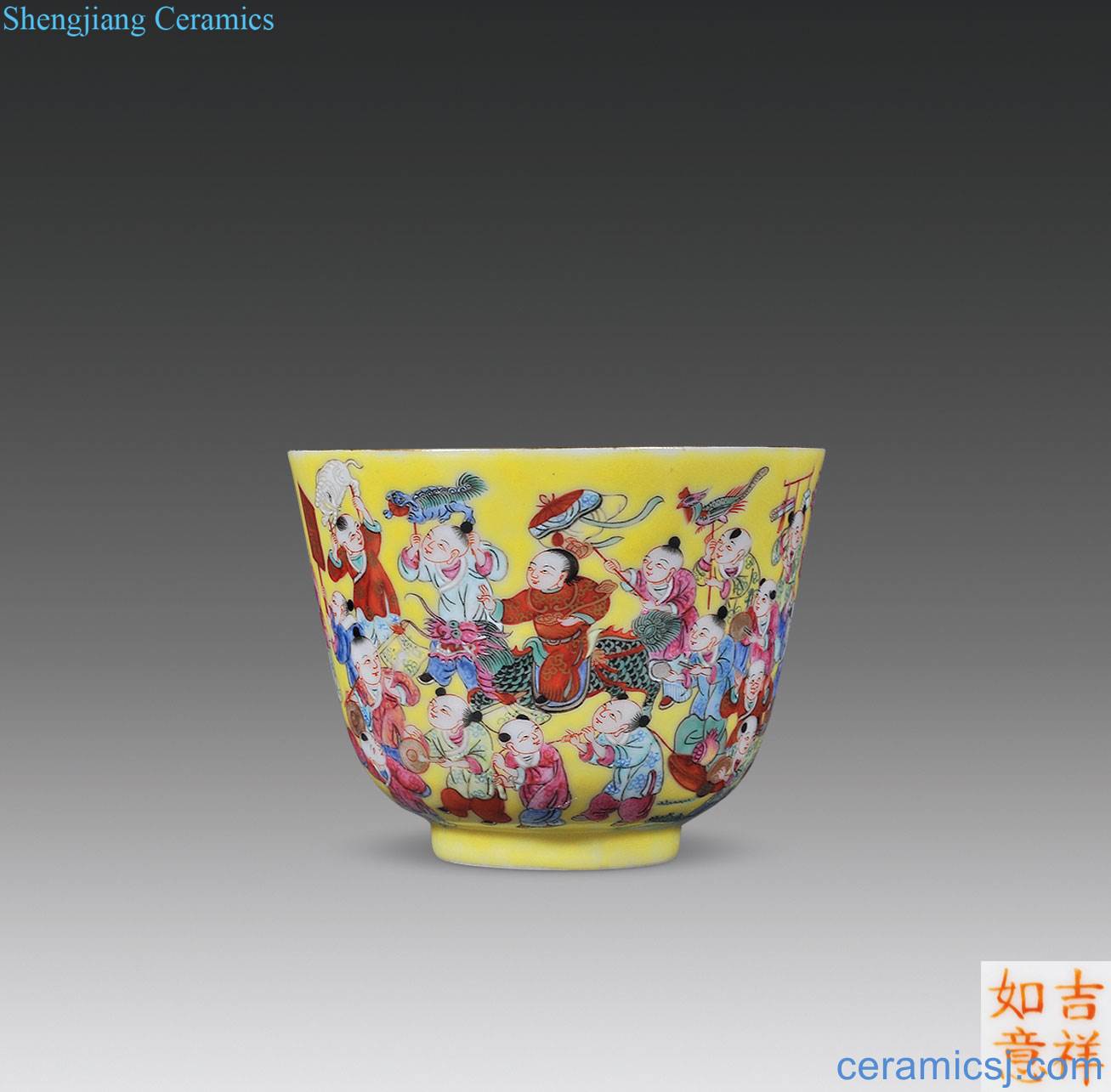 In late qing dynasty Yellow powder enamel baby play figure cup
