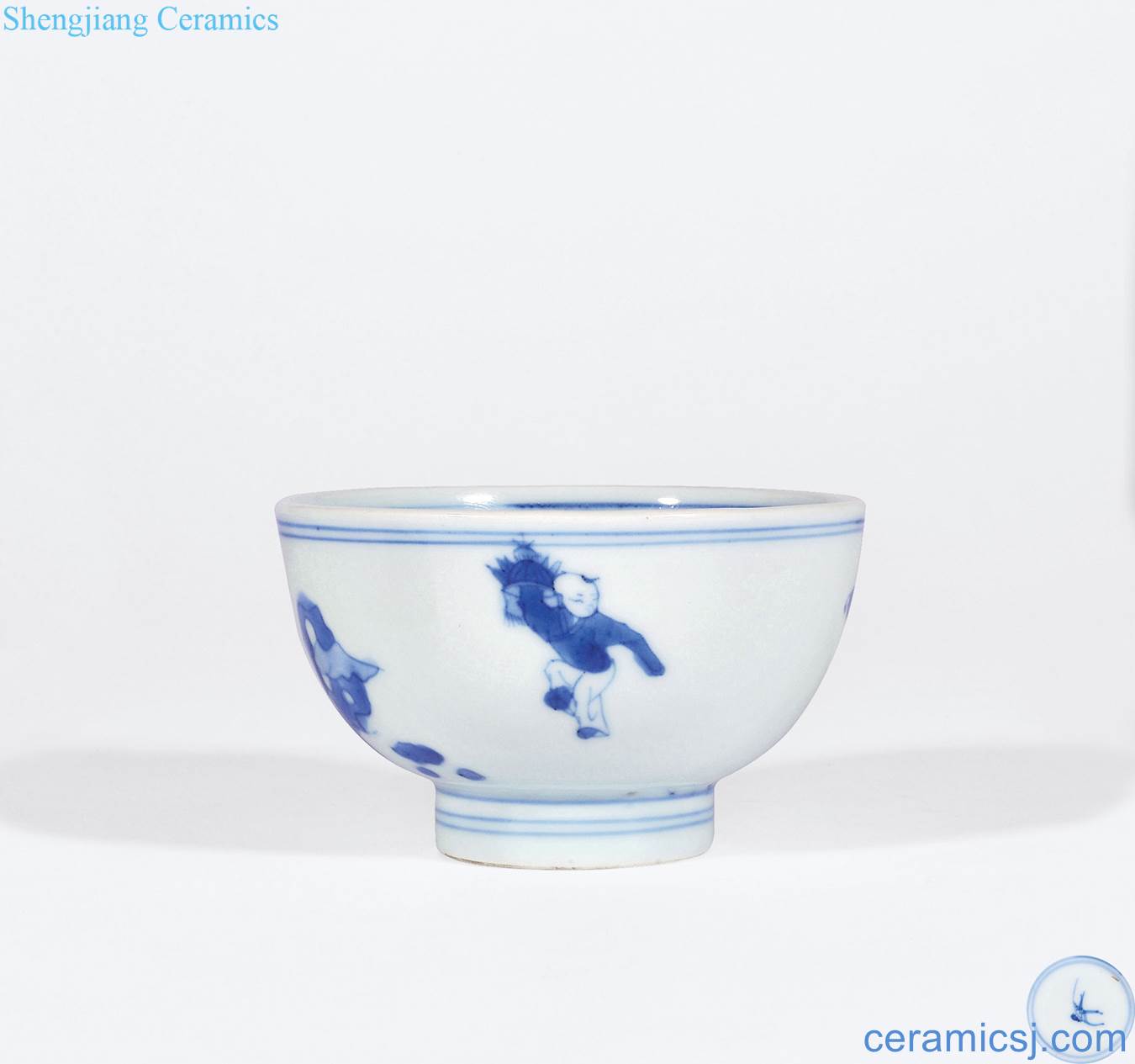 Qing shunzhi Blue and white figure cup baby play