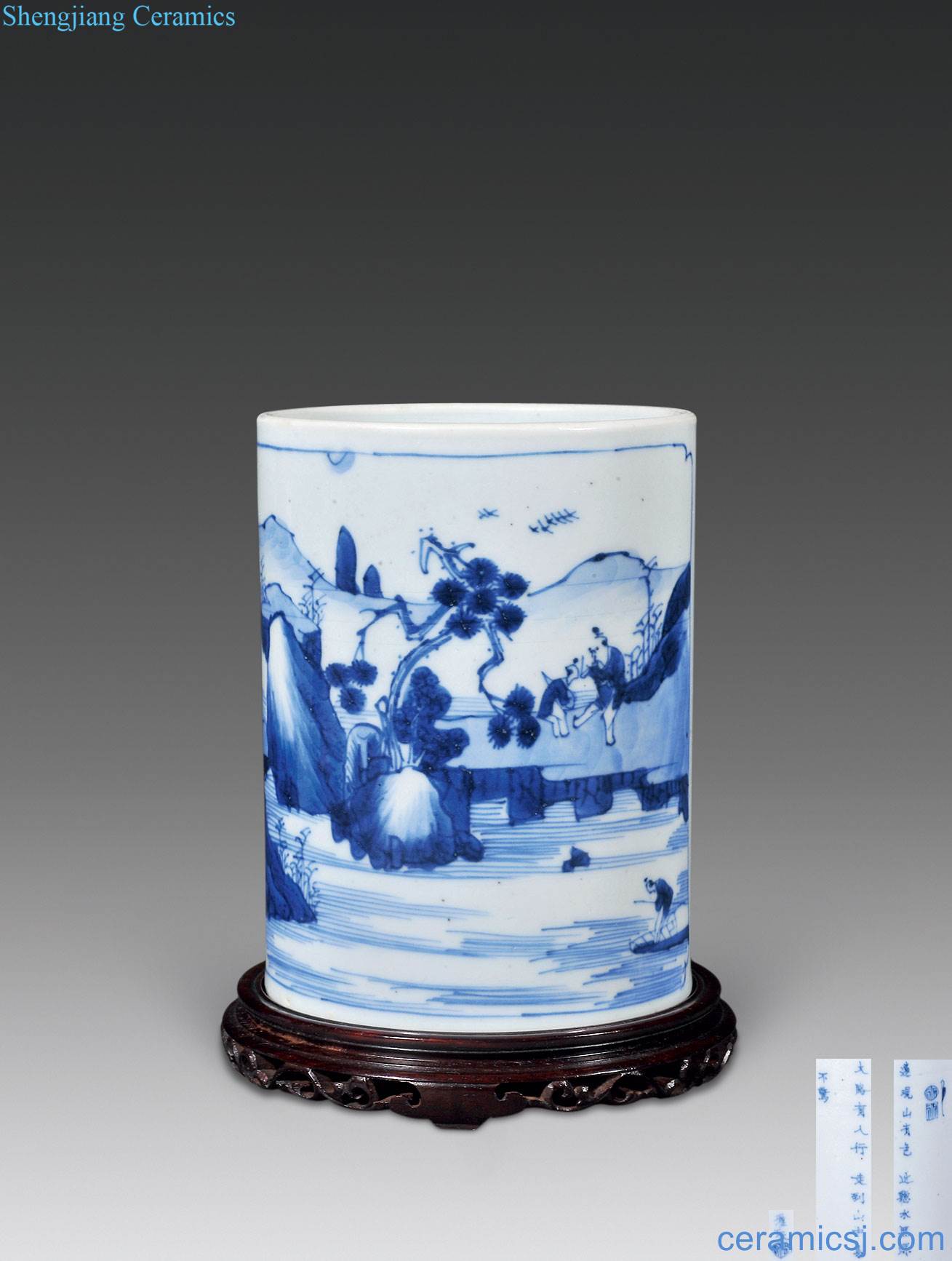 The qing emperor kangxi Blue and white landscape character poems brush pot