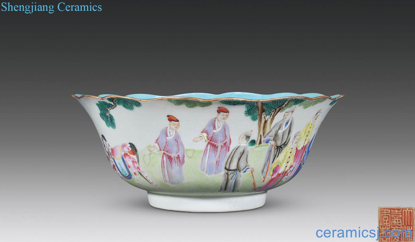 Qing jiaqing pastel pavilion stories of farewell figure flower mouth big bowl