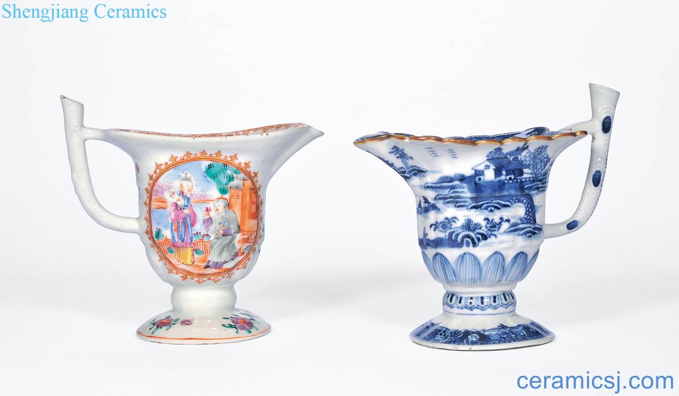 In late qing dynasty Blue and white landscape character lines, wide color painting of flowers and grain milk pot each a medallion characters