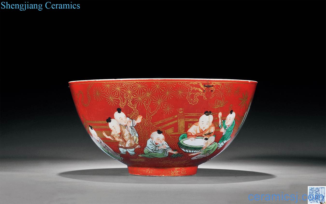 Qing jiaqing coral red paint colorful 16th child figure baby play bowls