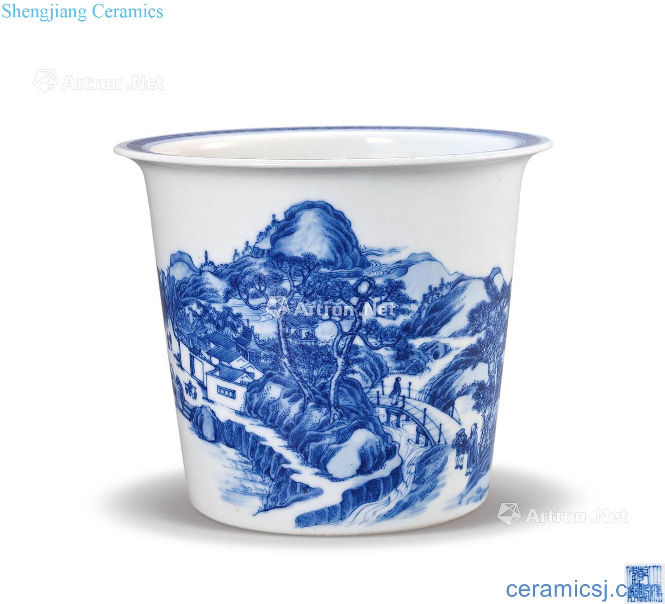 In late qing dynasty Blue and white landscape character lines flowerpot