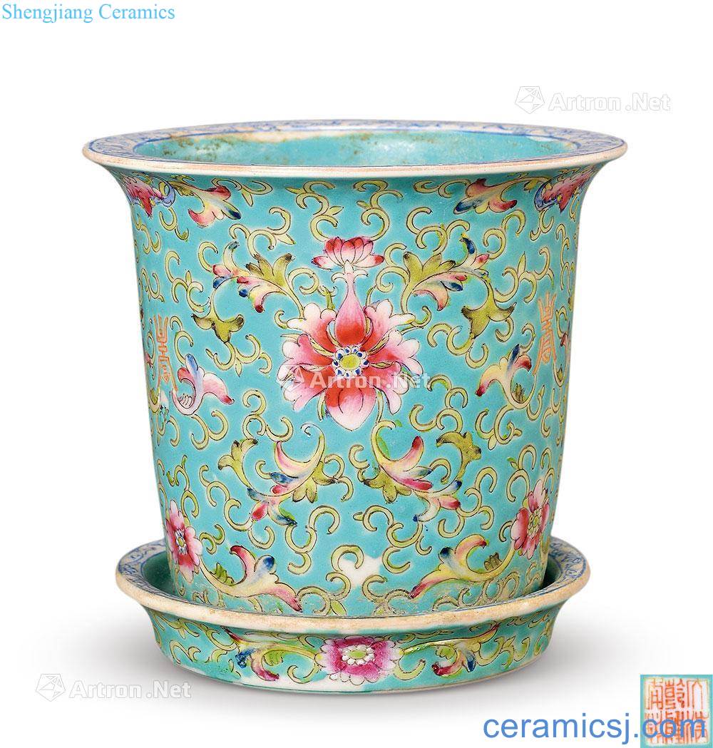 Qing guangxu A hoard of green pastel flowers around branches grain flowerpot