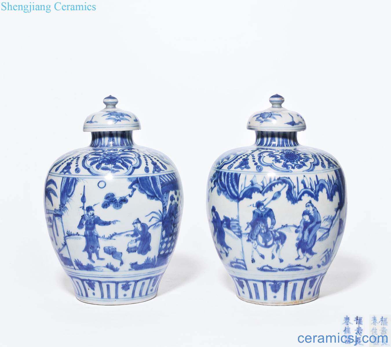 Ming wanli Blue medallion figure with cover short stories of 24 filial piety mei bottle (a)