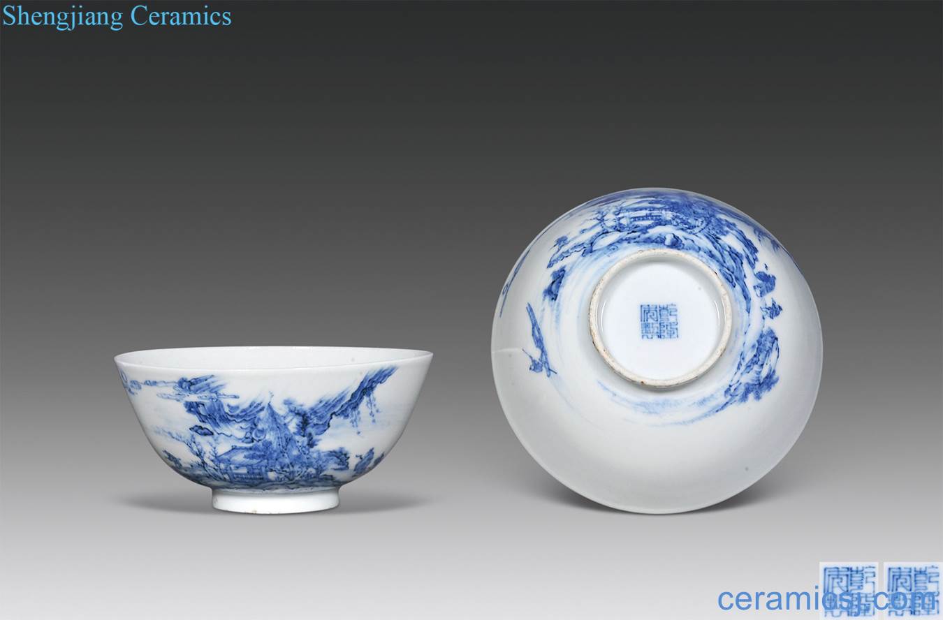 Qing qianlong Blue and white landscape character lines bowl (a)