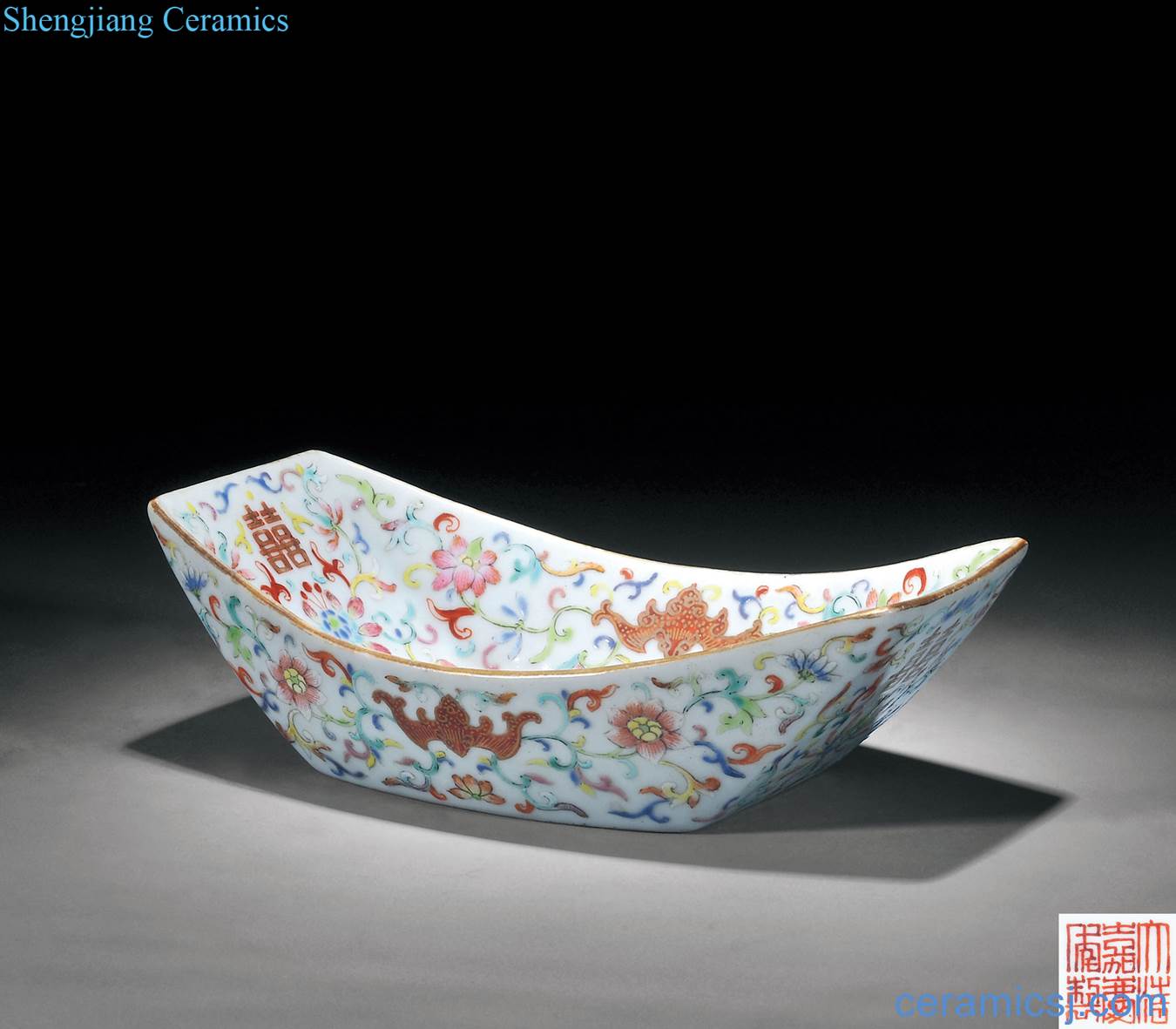 Qing jiaqing pastel branch lotus bats grain happy character tea boat