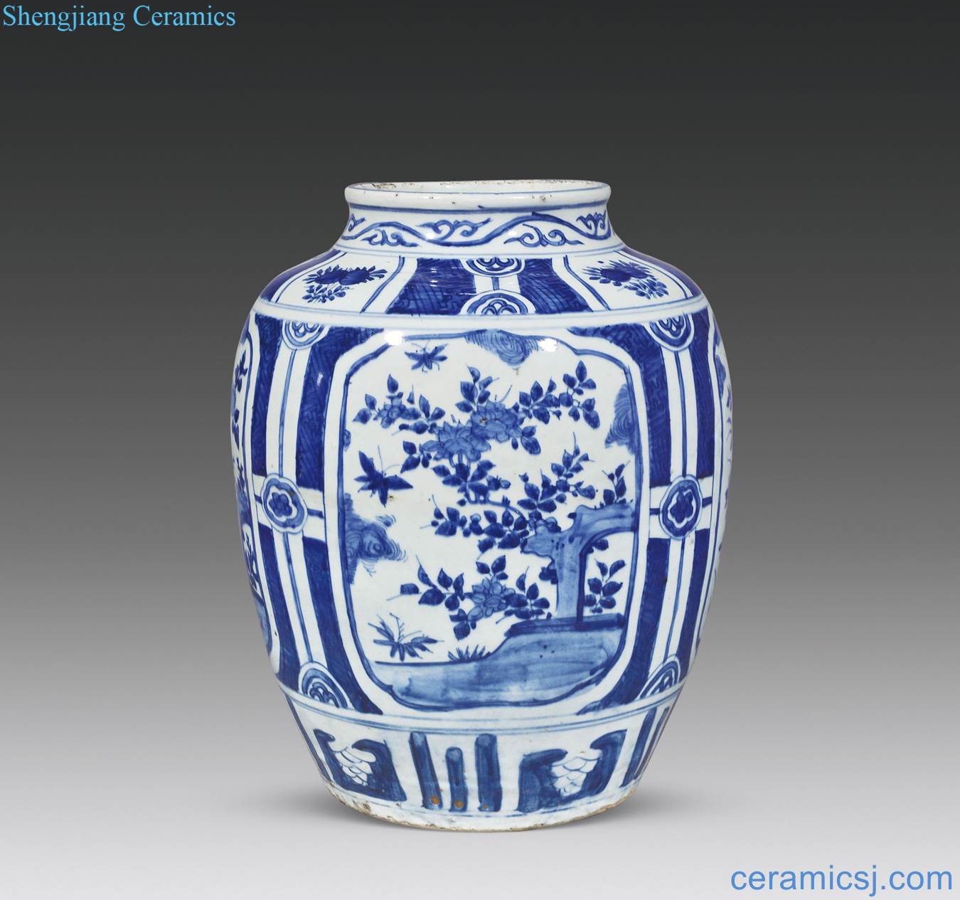 Ming wanli Blue and white brocade medallion flower-and-bird grain big pot