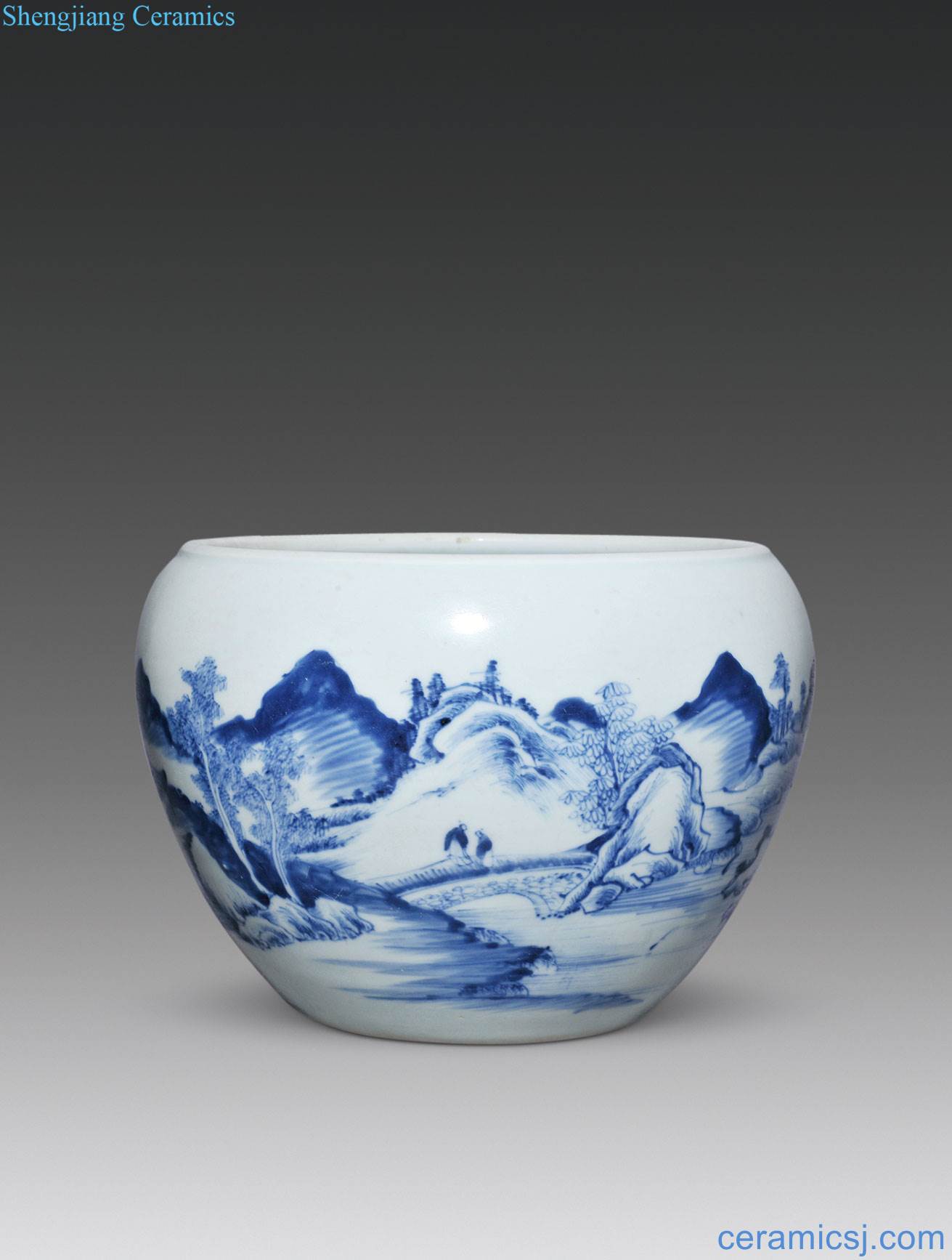 Qing yongzheng Blue and white landscape character lines small cylinder