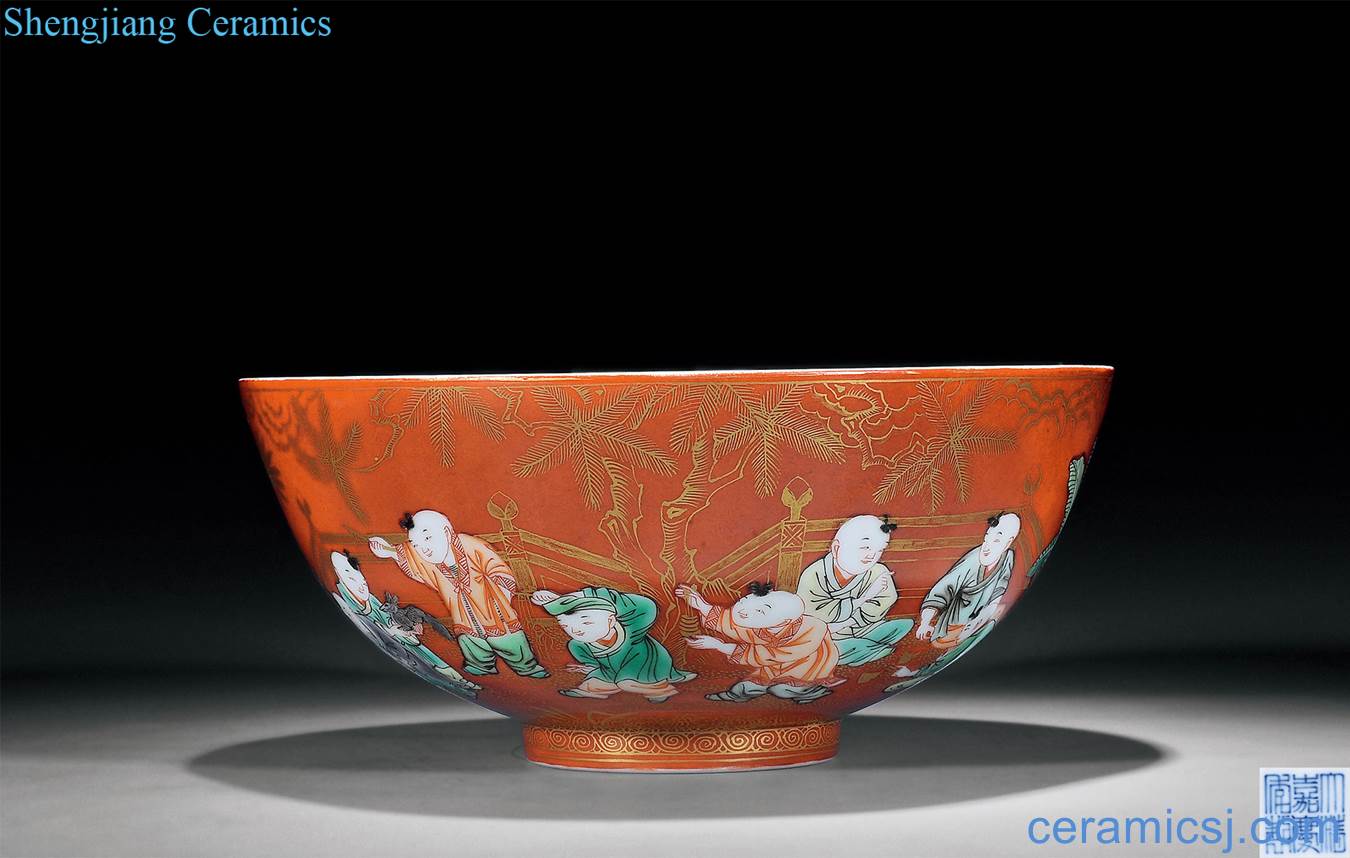 Qing jiaqing coral red paint colorful 16th child figure baby play bowls