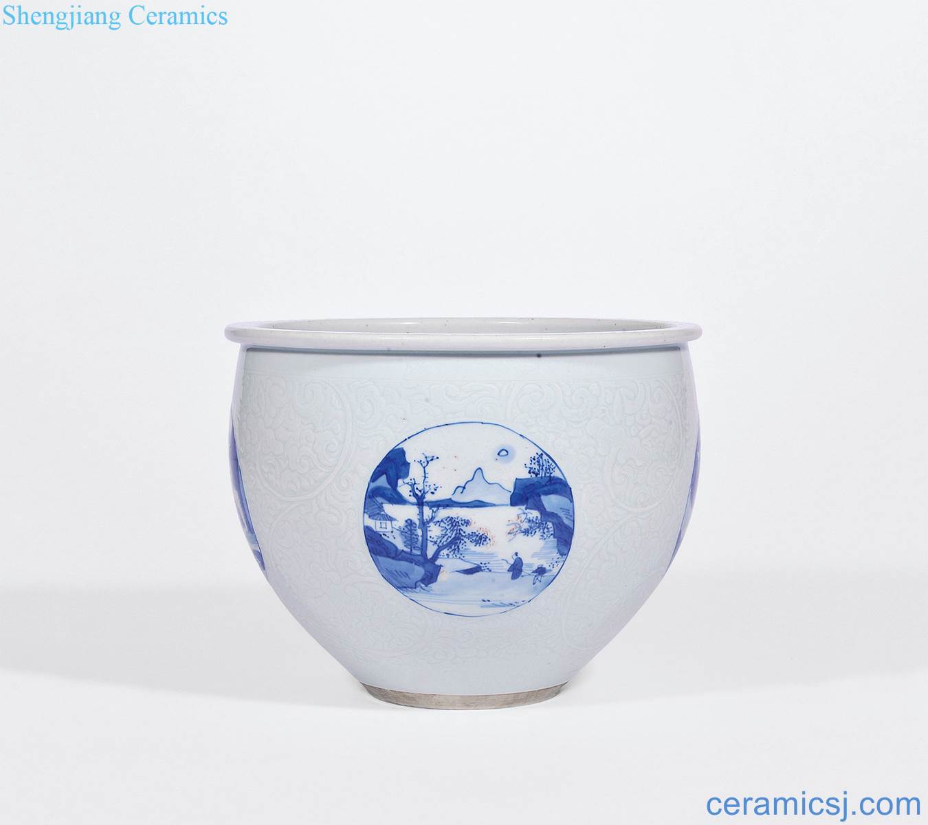 The qing emperor kangxi White glaze dark blue and white youligong landscape characters engraved put lotus flower medallion grain in cylinder