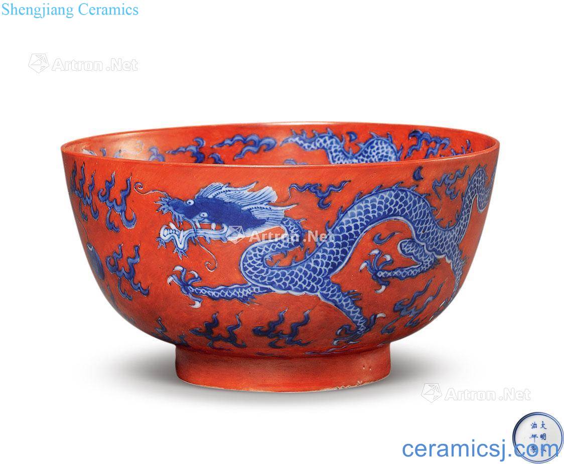 In the eighteenth century Coral red to blue and white dragon bead green-splashed bowls
