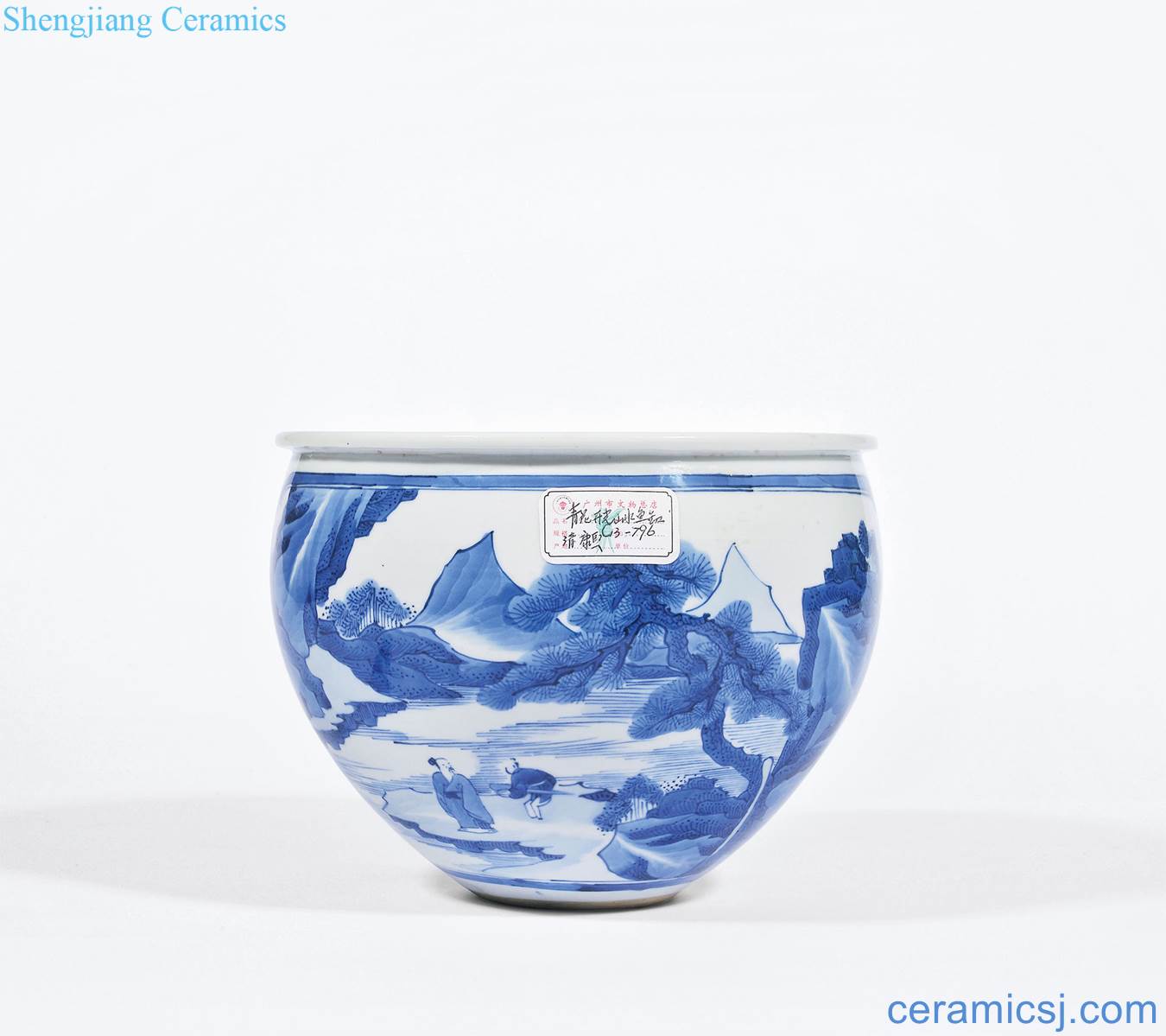 The qing emperor kangxi Blue and white lines cylinder medallion landscape characters