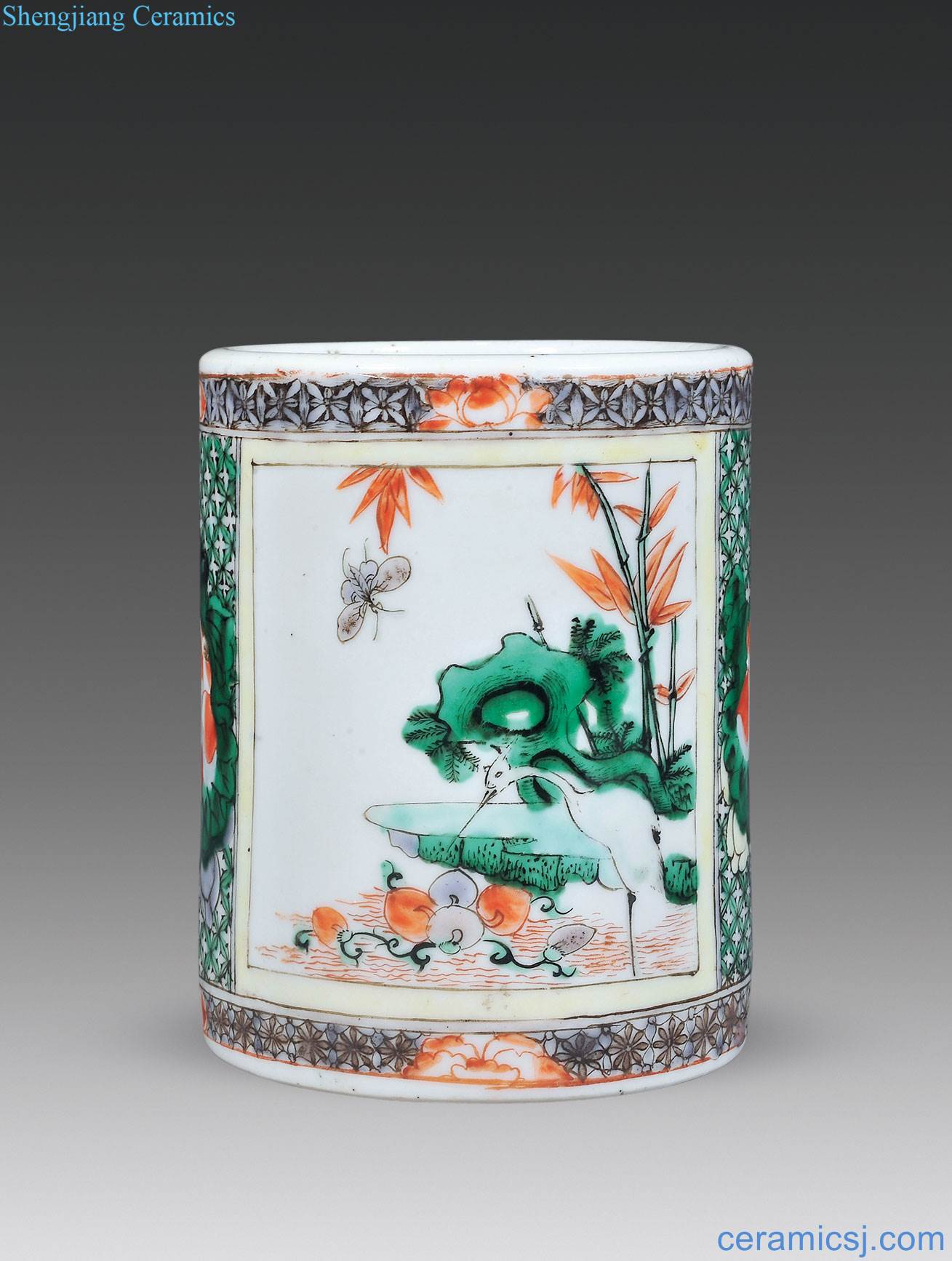 Colorful flowers medallion landscape characters of the reign of emperor kangxi, a heron branch pen container