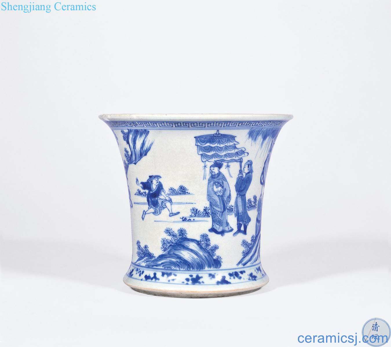 The qing emperor kangxi Blue and white Wen Wangfang xian figure mouth big brush pot