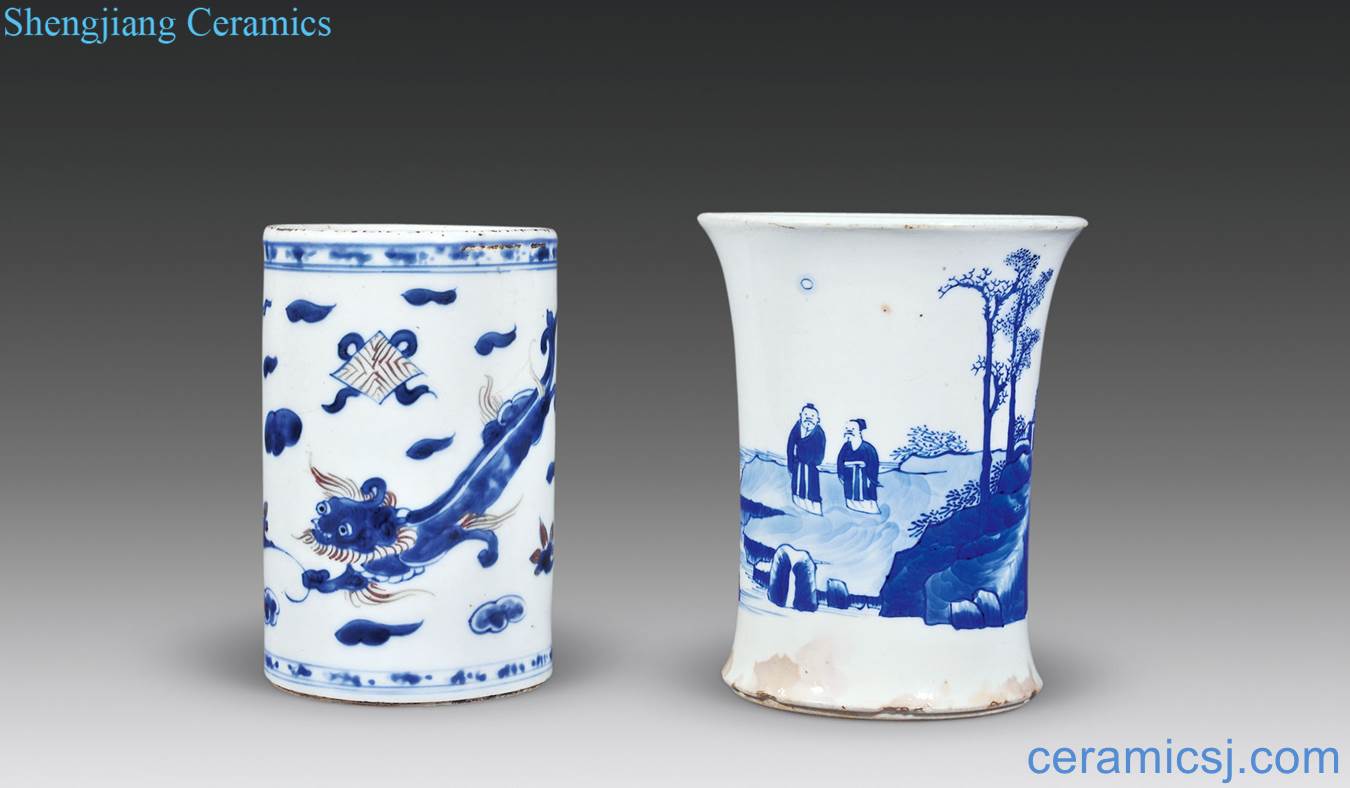 The qing emperor kangxi Blue and white youligong longnu pen container, blue and white landscape character lines left mouth pen container each one