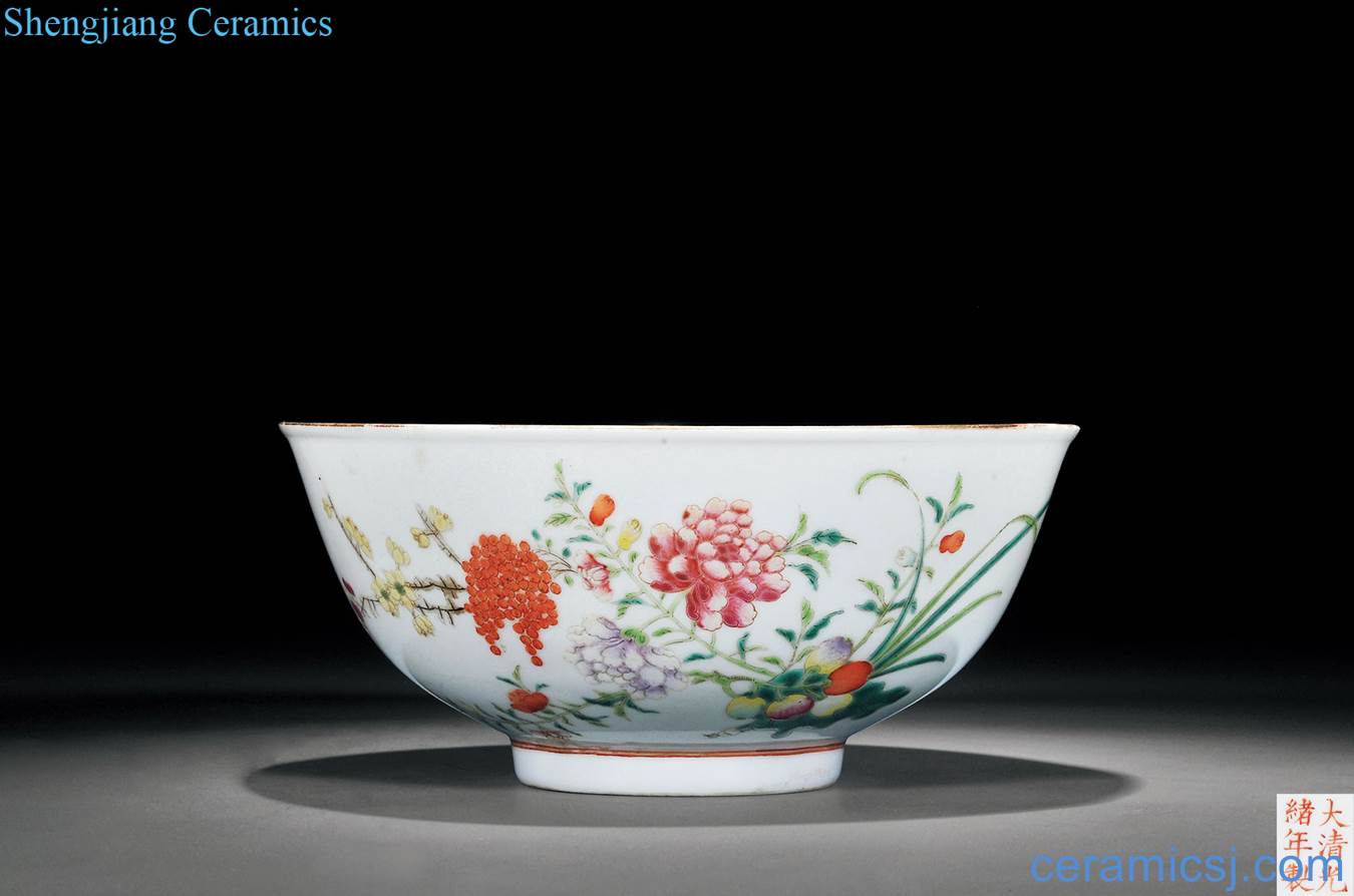Qing guangxu pastel flowers butterfly green-splashed bowls