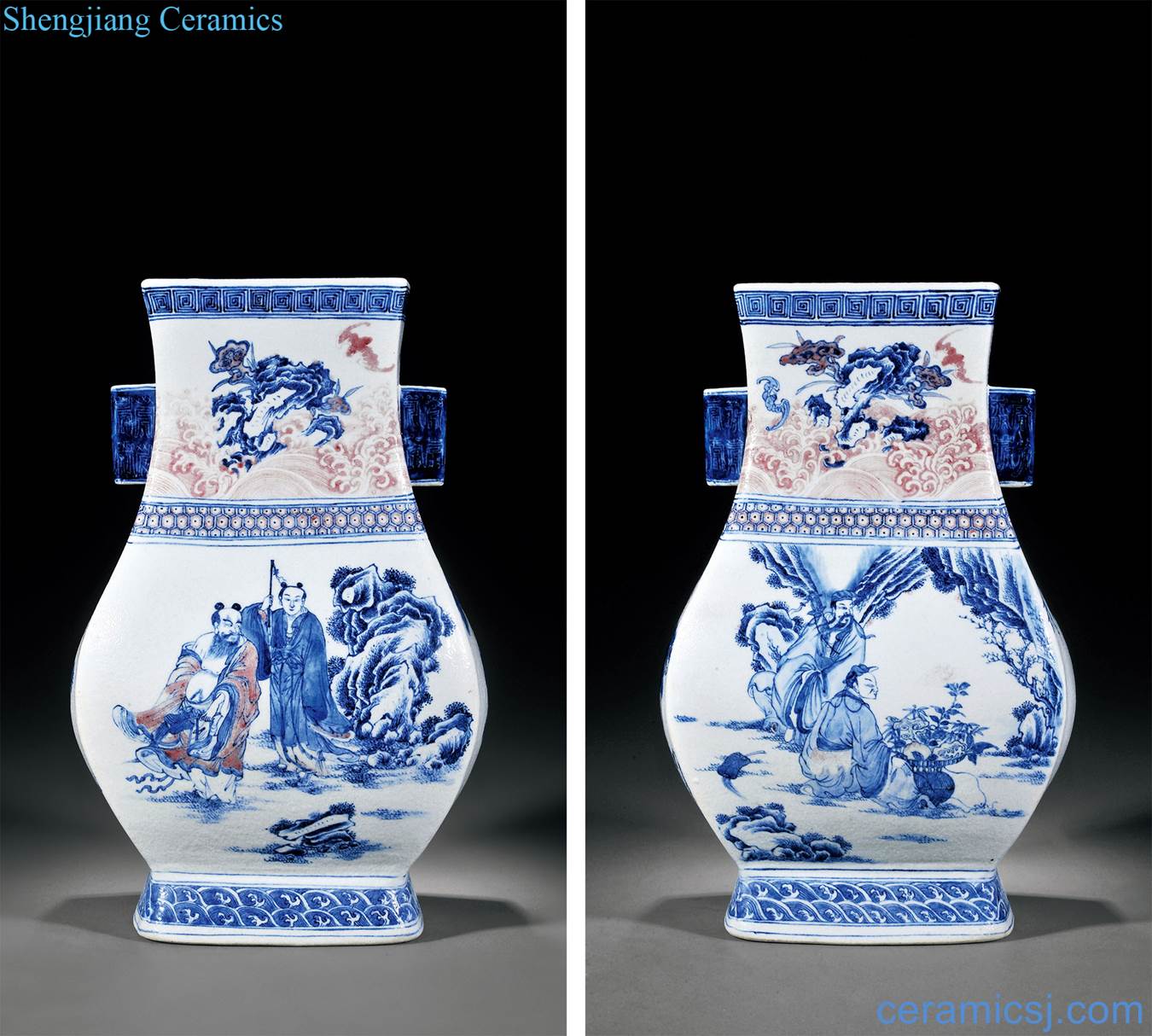 Qing qianlong Blue and white youligong spirit character lines penetration ears