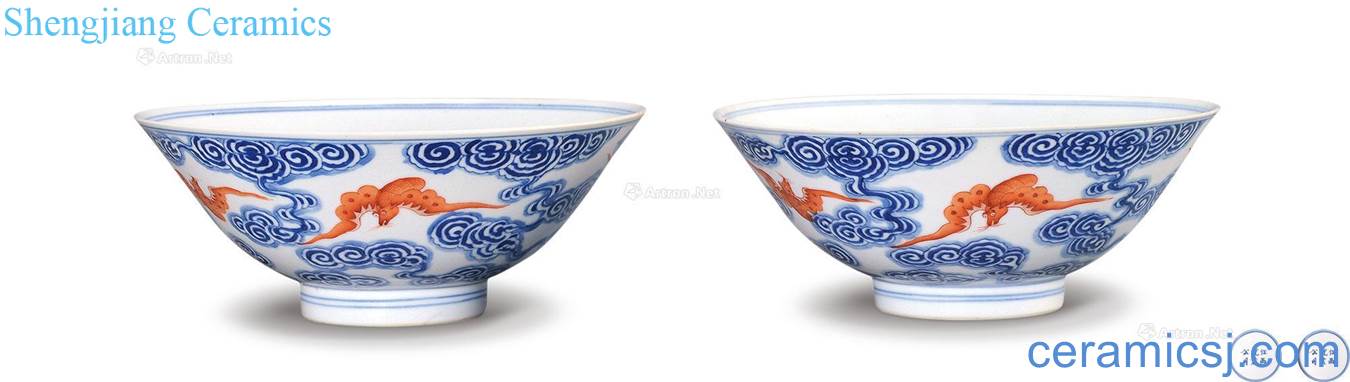 Qing xuantong Blue and white alum hongyun bats green-splashed bowls (a)