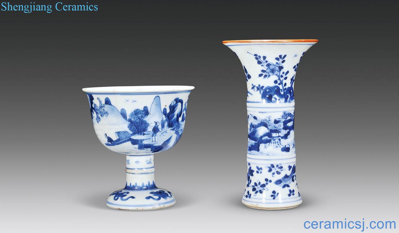 The qing emperor kangxi Blue and white landscape character lines footed cup, flower vase with each one
