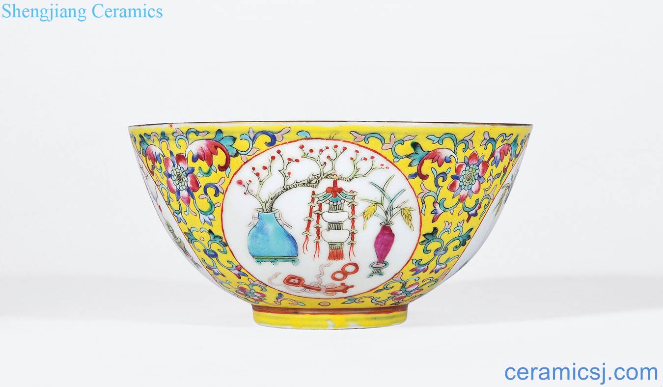 To pastel yellow inside live lines wrap a lotus flower medallion figure bowl of good harvest