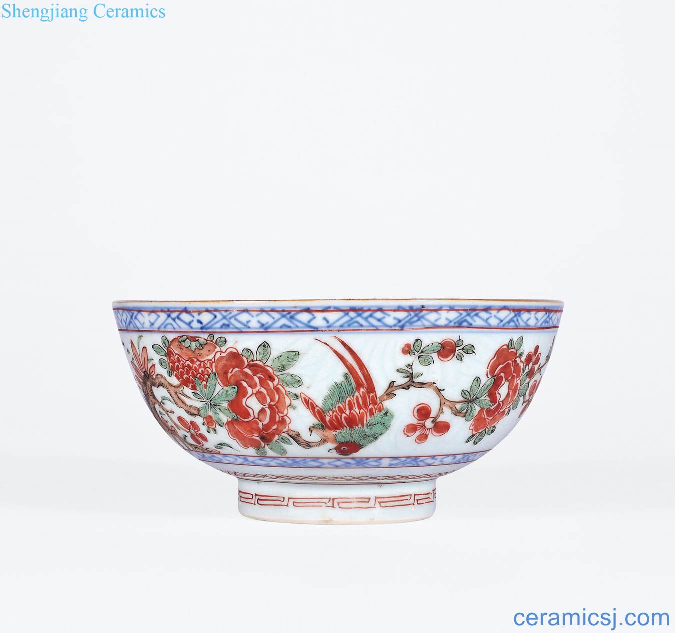 The qing emperor kangxi Dark engraved lines bowl lotus flower blue color painting of flowers and birds