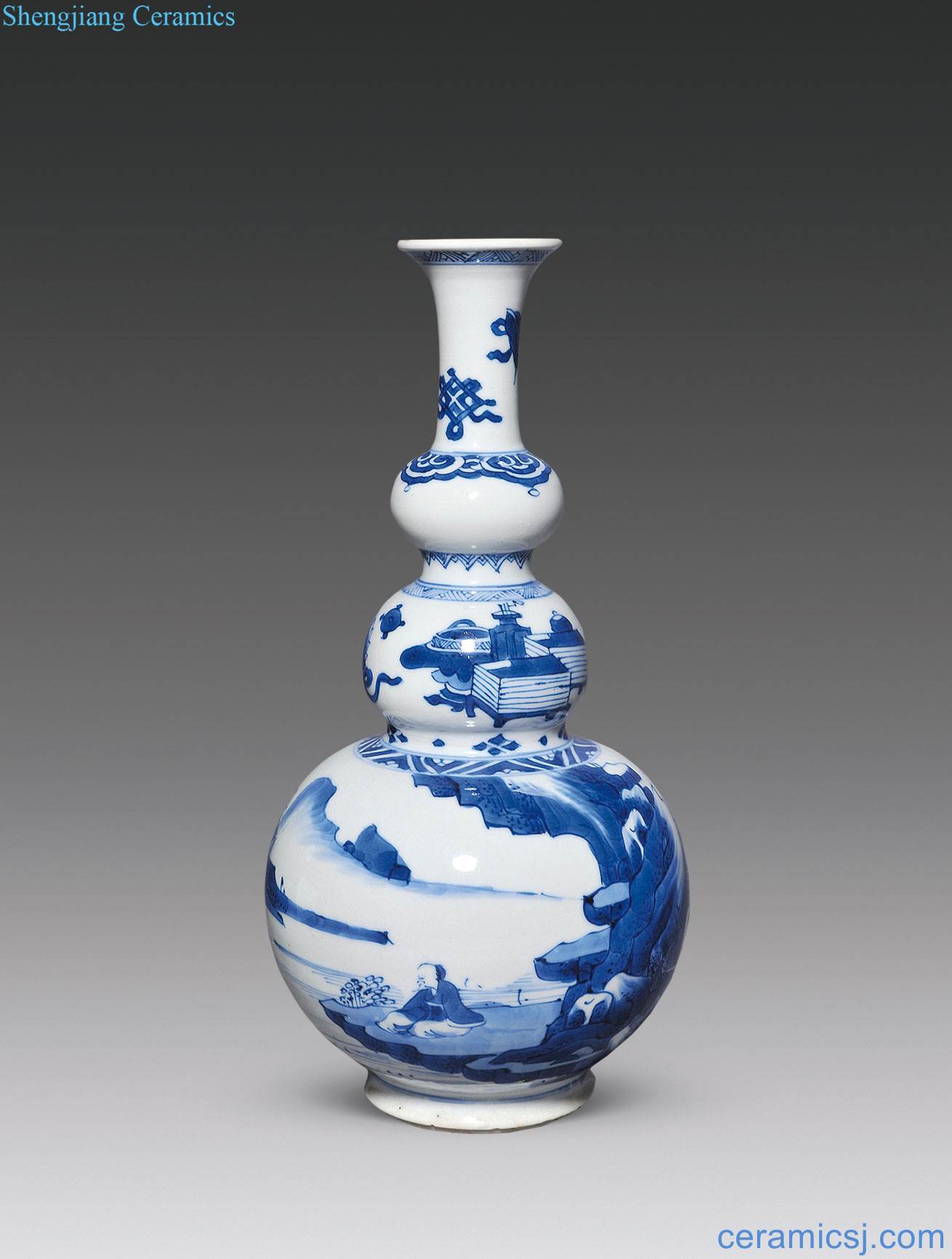 The qing emperor kangxi Blue and white landscape character antique bottle gourd