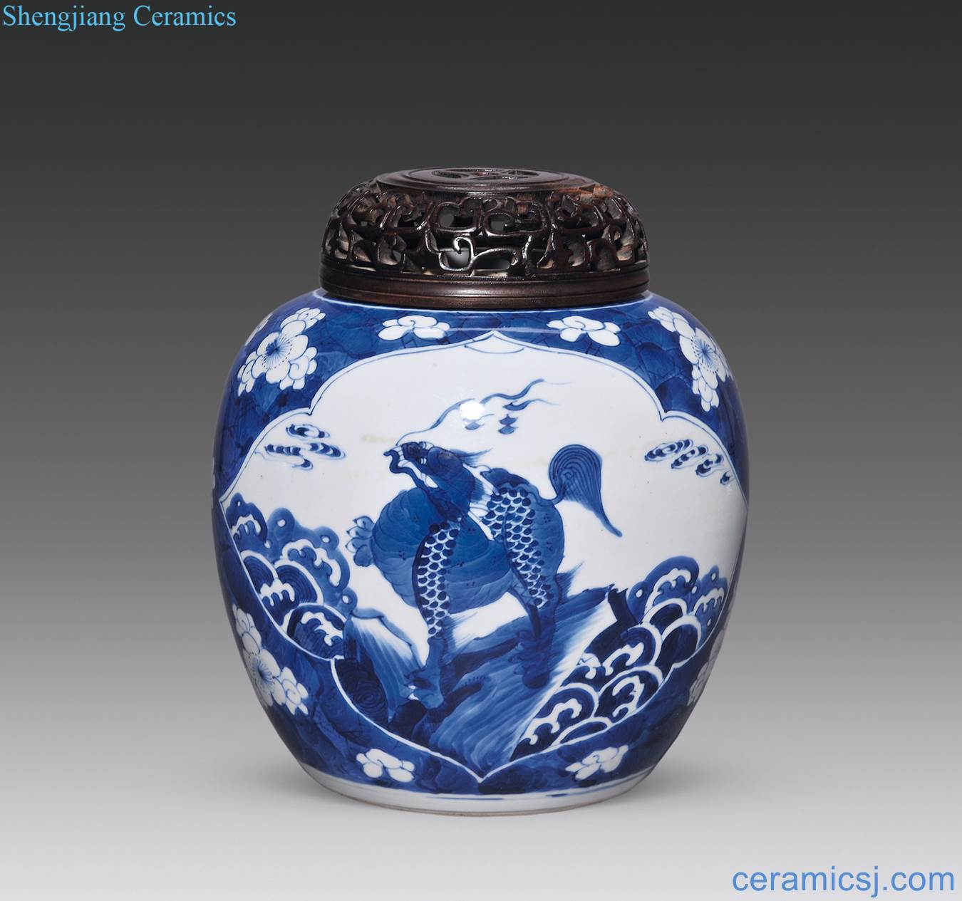 The qing emperor kangxi Blue and white ice plum medallion kirin figure cans
