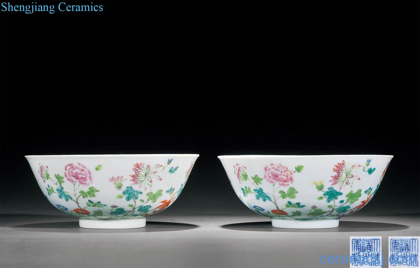 Clear light pastel flowers green-splashed bowls (a)