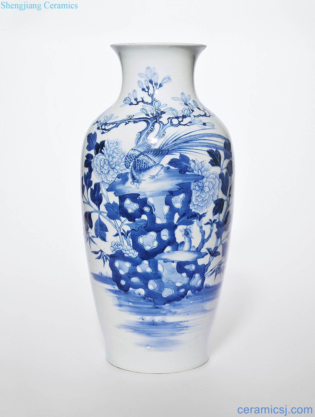 Mid qing Blue and white pheasant peony figure goddess of mercy bottle
