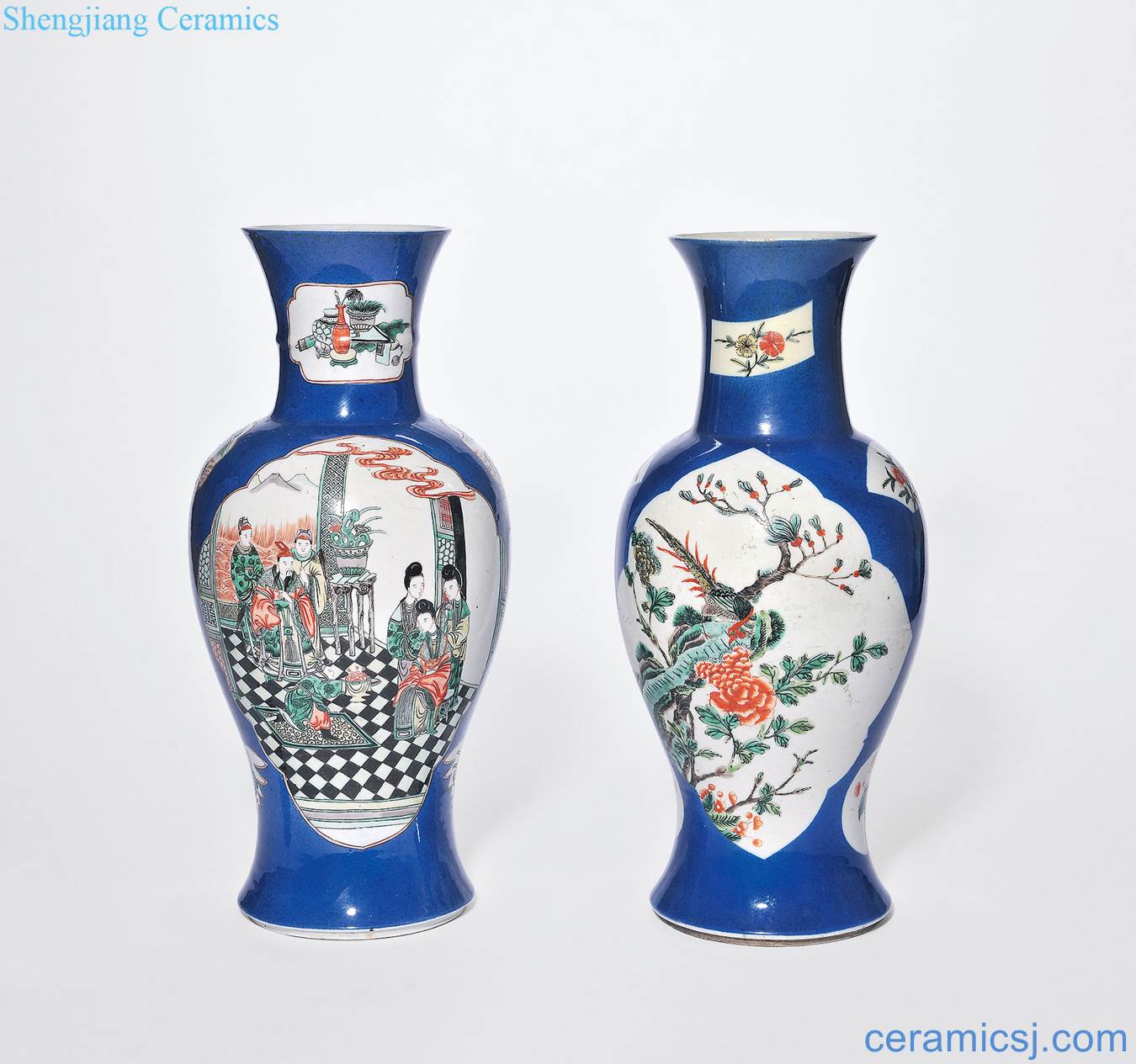 In late qing dynasty Sprinkle the blue glaze medallion colorful figures, flowers and birds lines goddess of mercy bottle (a)