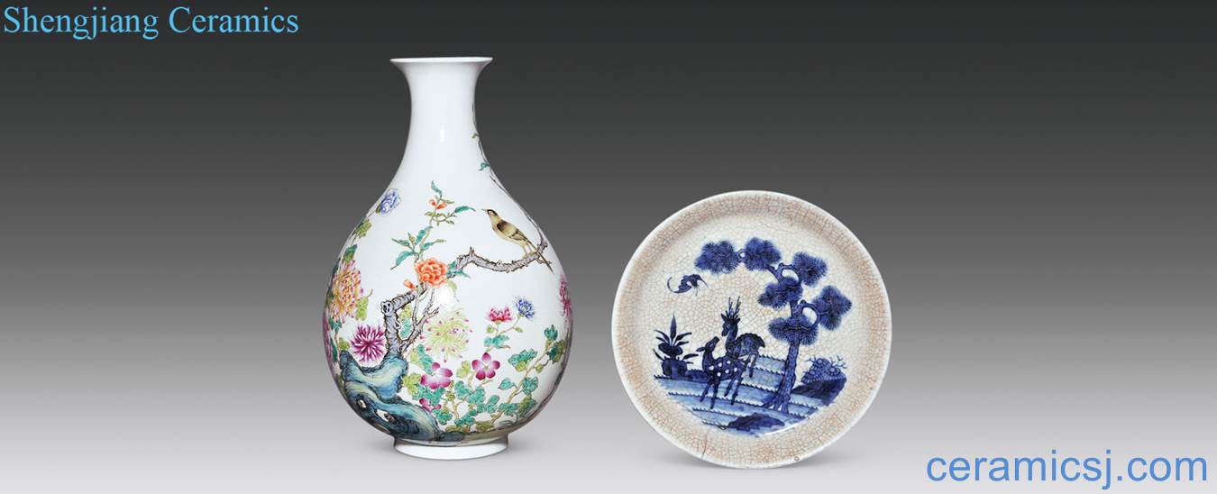 Qing dynasty, the republic of China powder enamel grain okho spring bottle, fake brother glaze blue and white pine LuYanNian figure plate of each one
