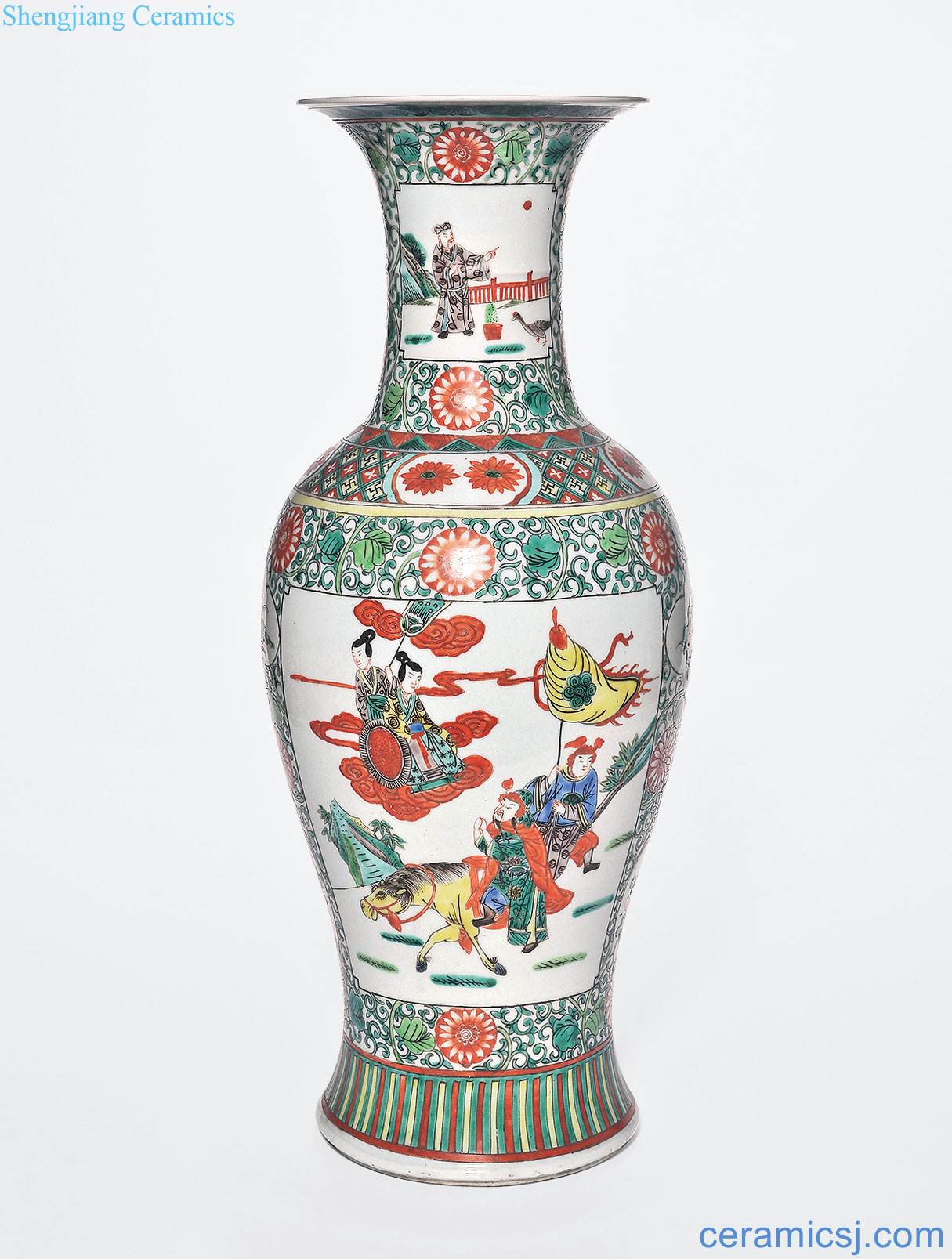 In late qing dynasty Colorful lotus flower medallion immortal character lines large bottle