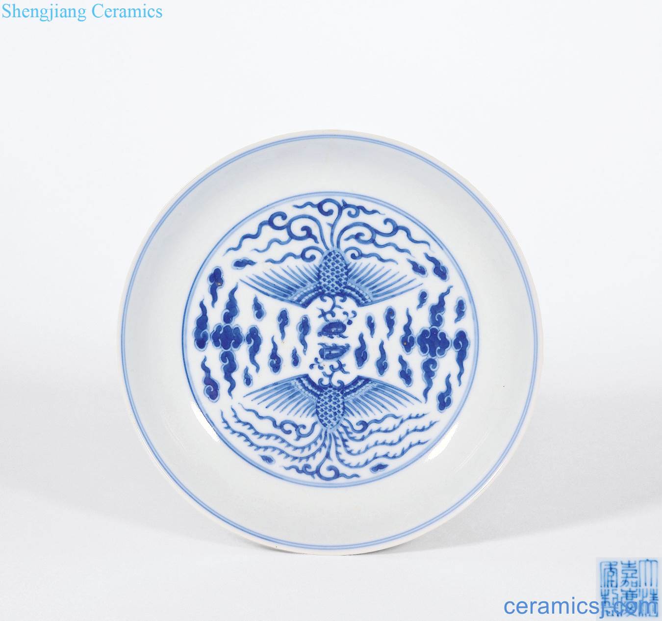 Qing jiaqing Blue and white double phoenix tray