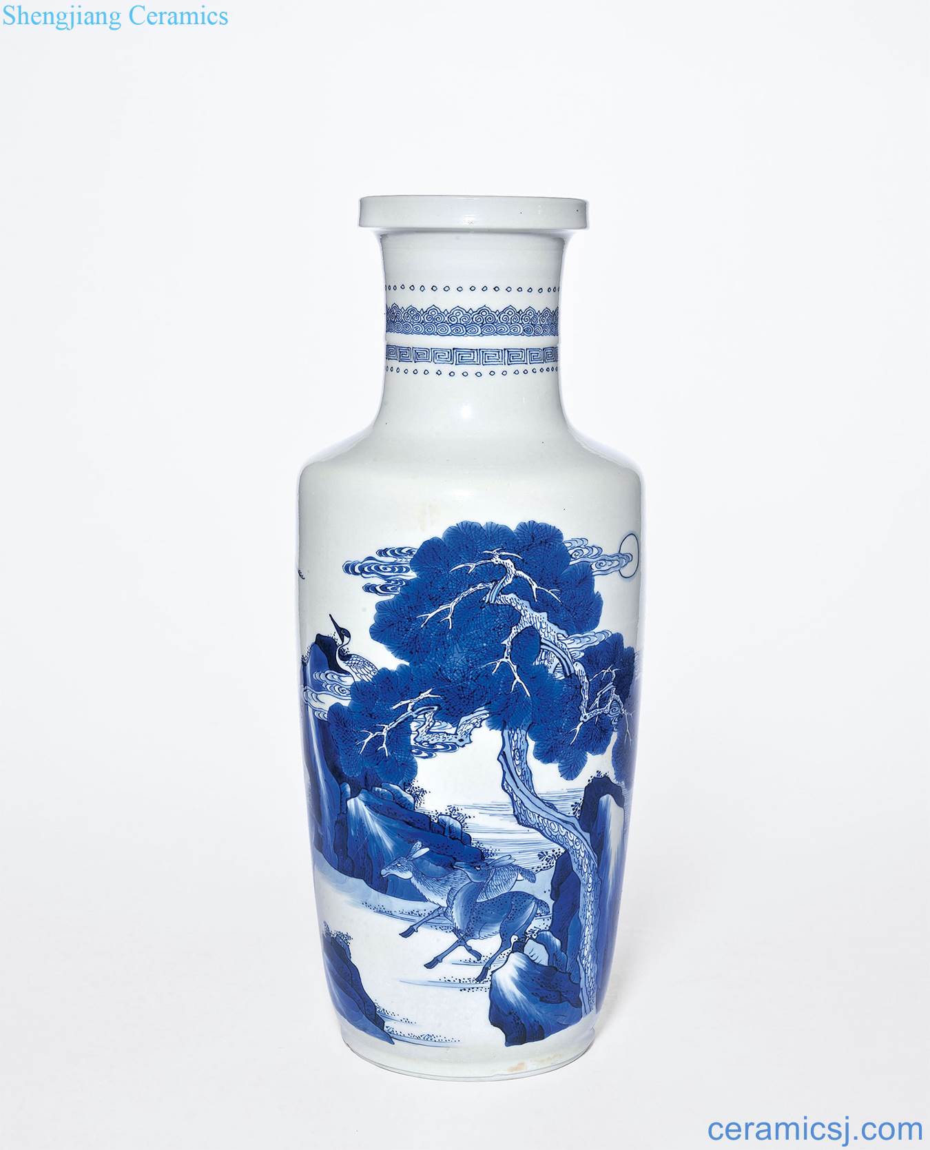 The qing emperor kangxi Blue and white crane deer figure who bottle with spring