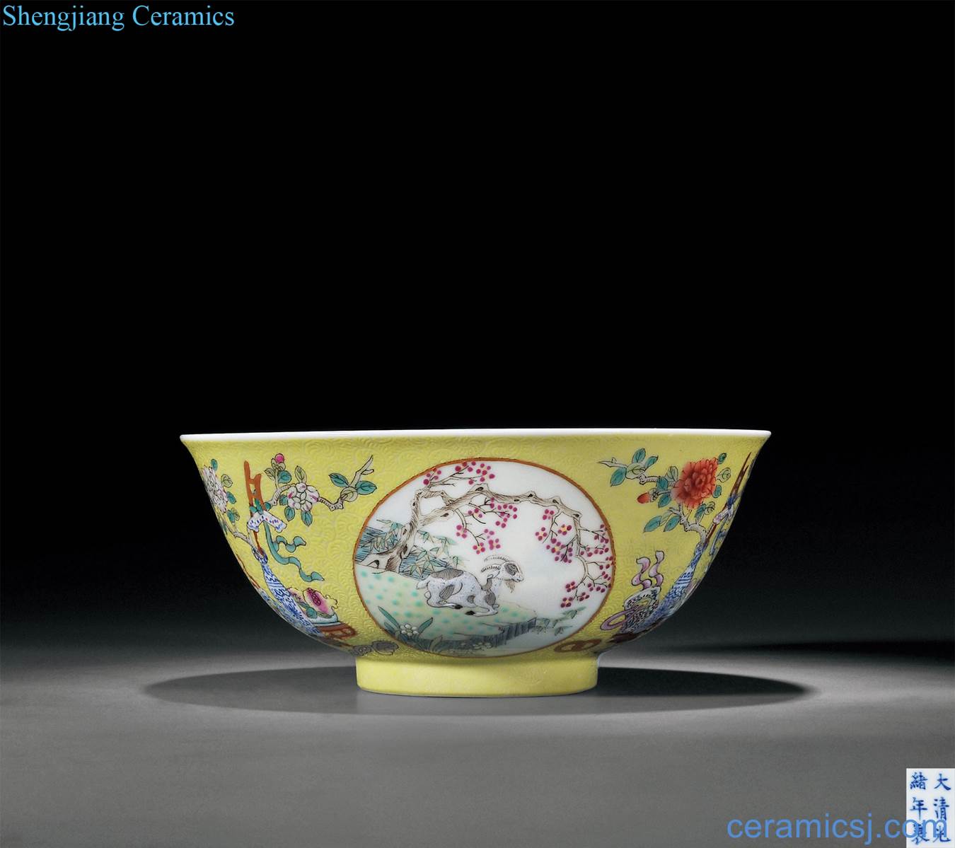 Blue and white flowers outside the lines in the reign of qing emperor guangxu to rolling way pastel yellow auspicious three Yang kaitai figure medallion bowl of fiddling while Rome burns