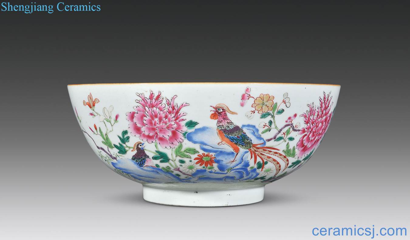 Qing qianlong pastel pheasants peony figure large bowl