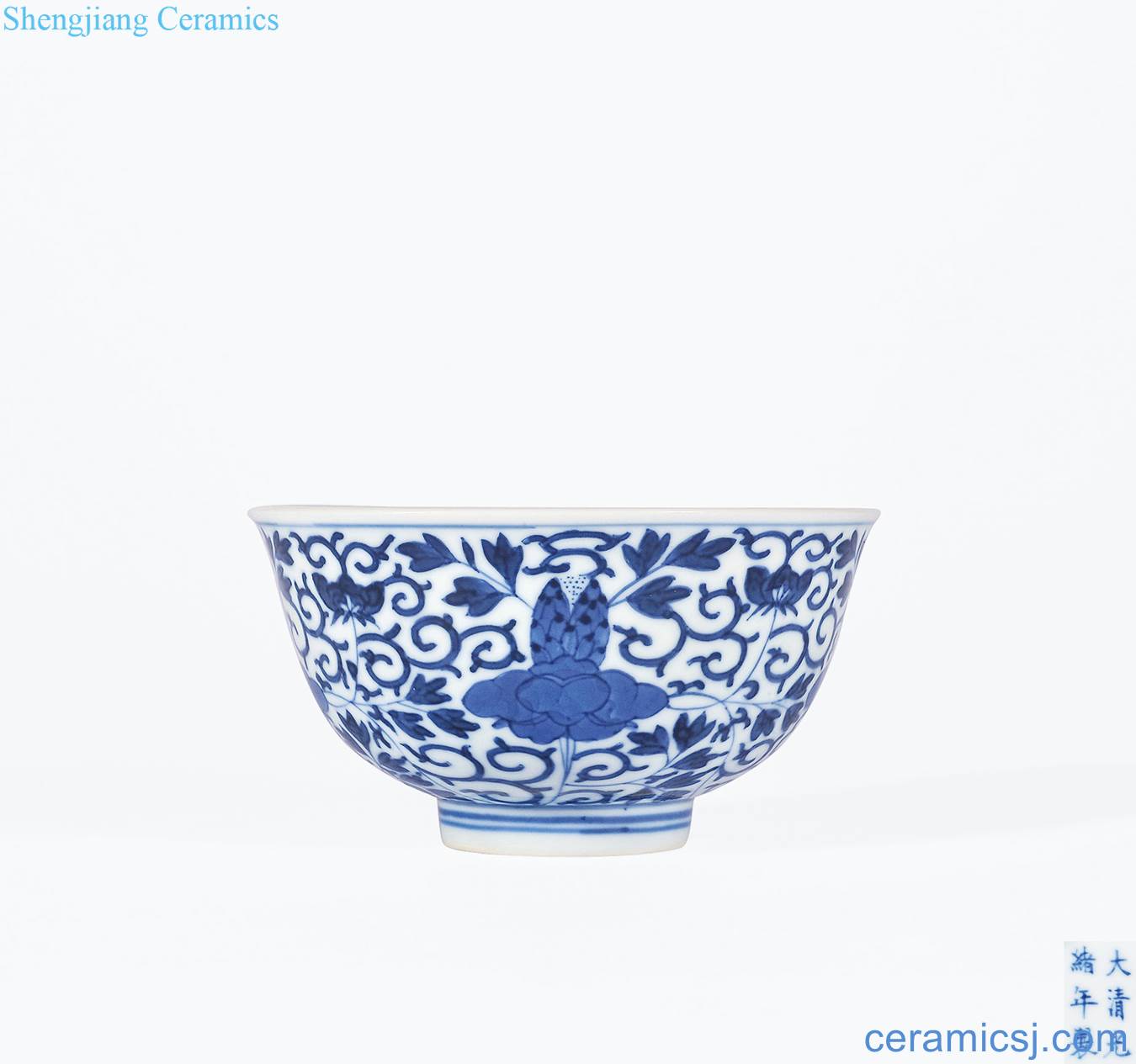 Qing guangxu Blue and white tie up branch flowers grain small bowl