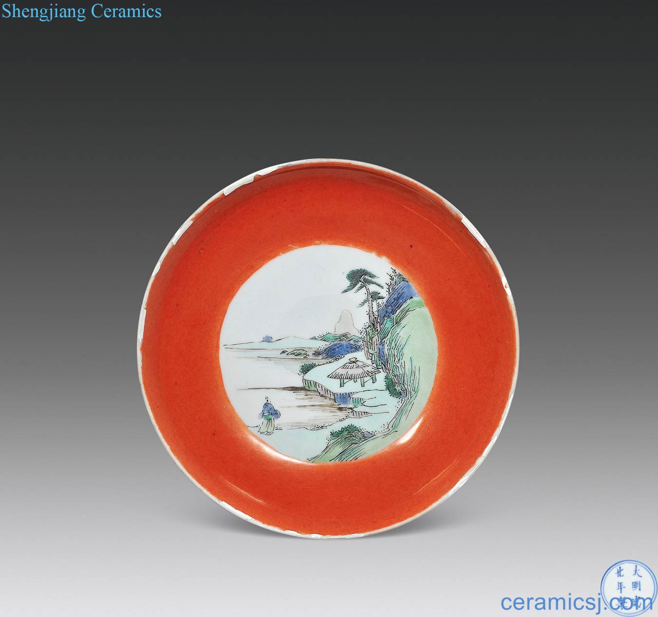 The qing emperor kangxi coral red glaze medallion colorful landscape tray