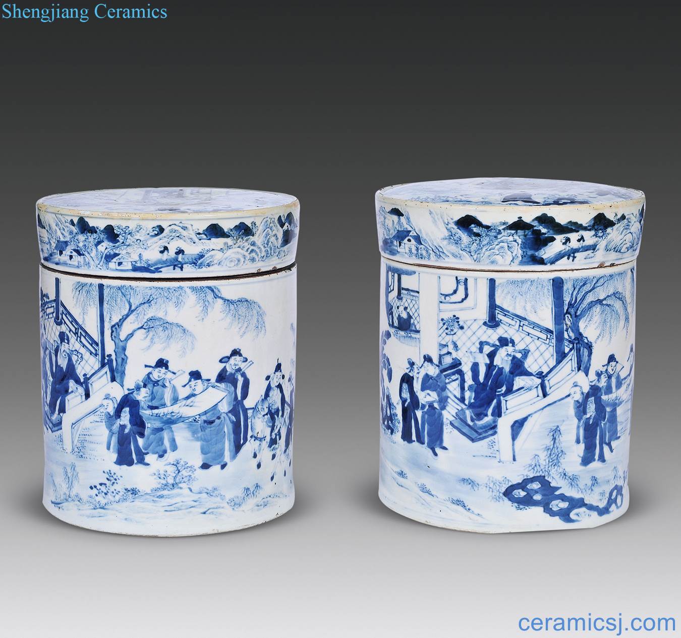 In late qing dynasty Bachelor of 18 figure canister (a)