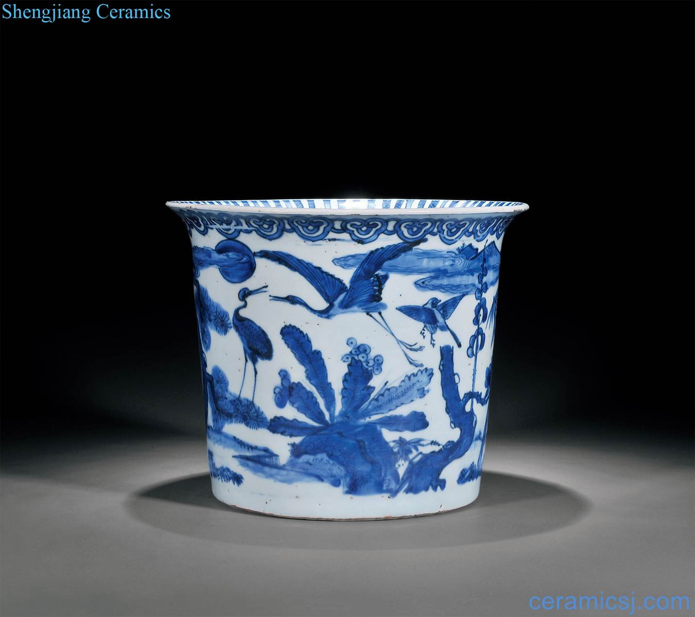 Ming wanli Blue and white fish algae in flowers and birds outside lines mouth pen container