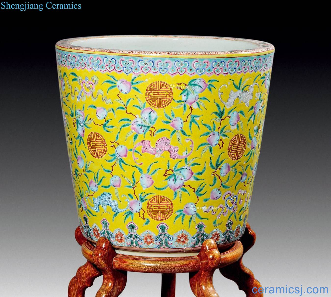 qing Yellow glaze enamel live long and proper big flower pot