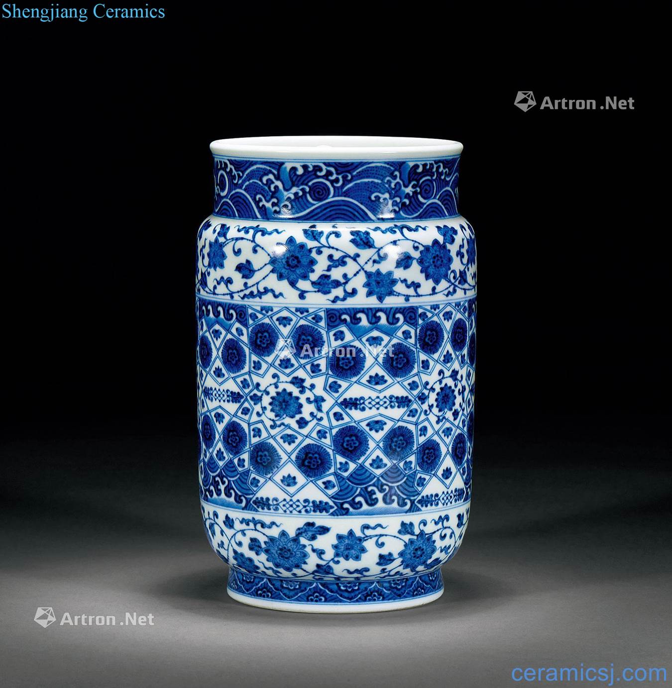 Qing dynasty blue and white brocade cling branch lotus wen zhuang pot