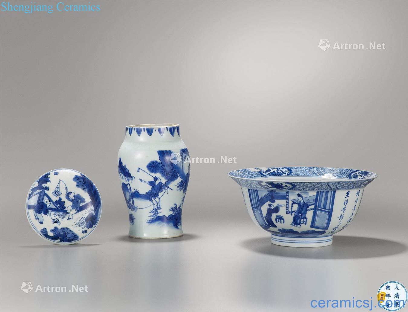 The late Ming dynasty Blue and white traditional Chinese characters green-splashed bowls Character canister Blue and white baby play the lid (three)