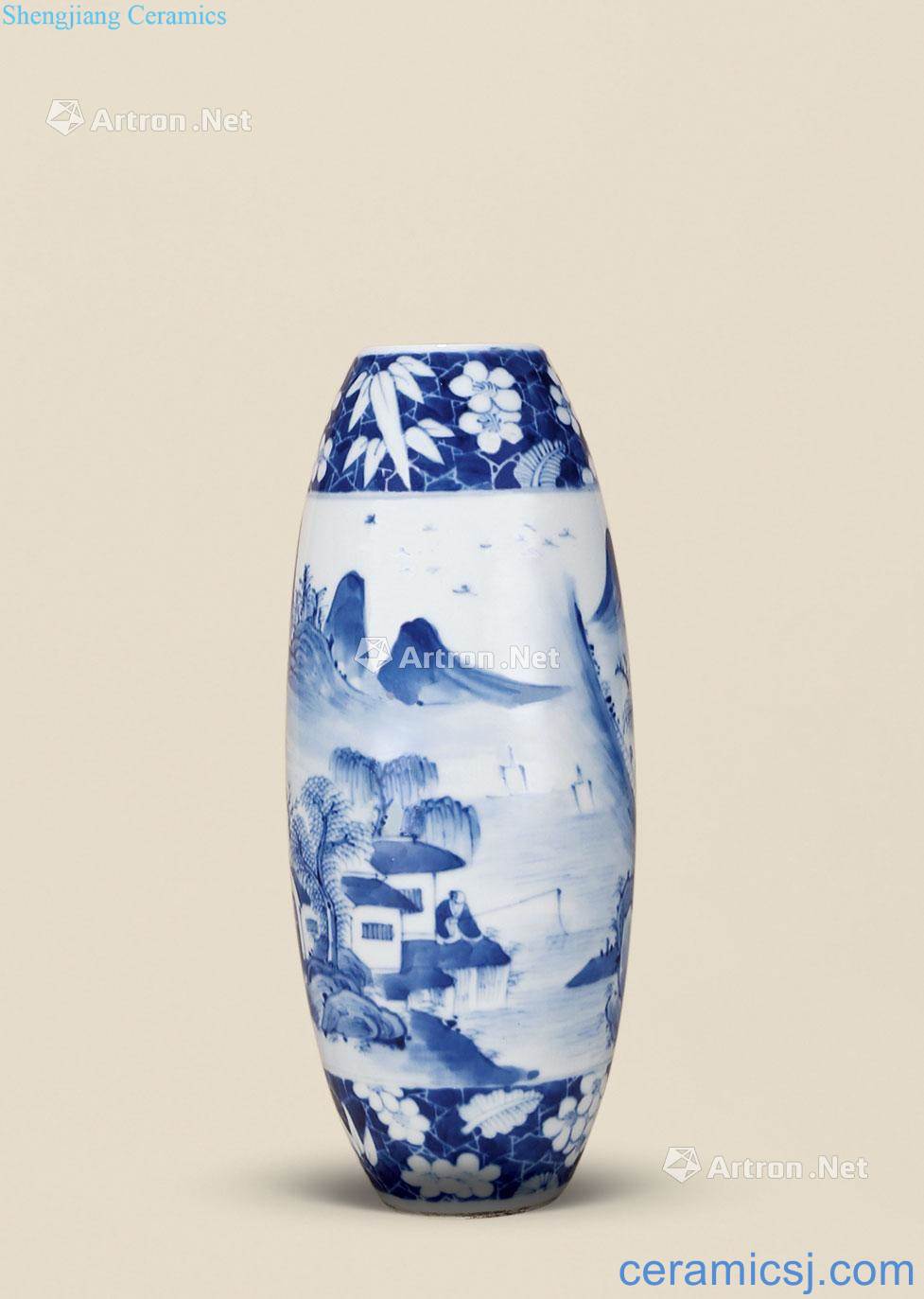 Qing guangxu Blue and white landscape character olive bottle