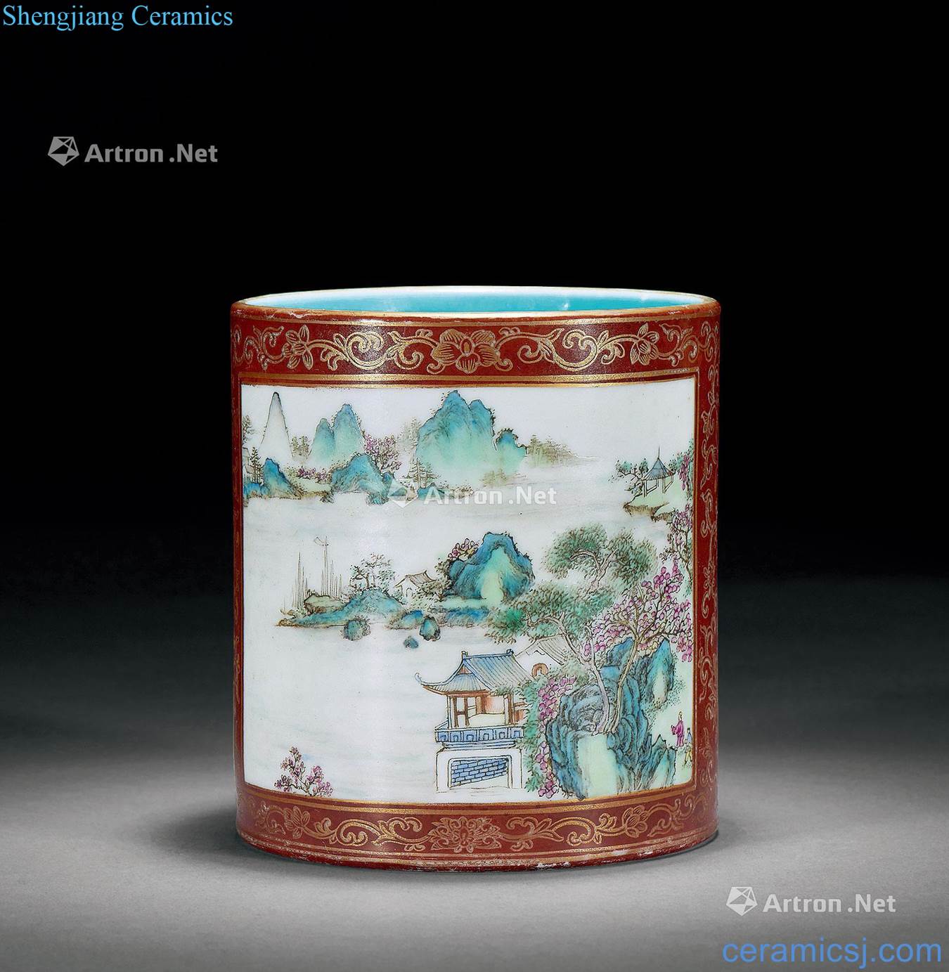 Qing qianlong pastel medallion stories of landscape poems brush pot