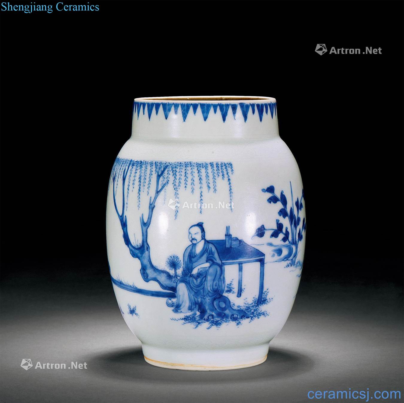 Ming chongzhen Blue and white lotus seed tank xihe love goose